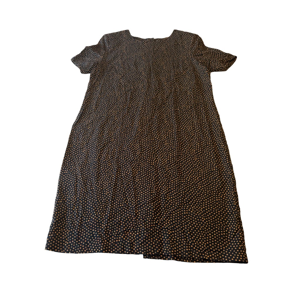 Vintage Kathie Lee Polka Dot Shift Dress Black Tan Rayon Button Back Size 14